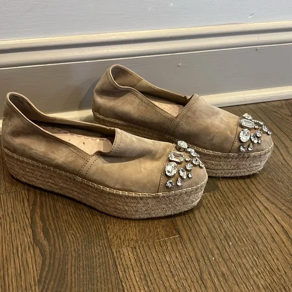 Miu Miu Beige Nubuck Embellished Platform Espadrilles Flats - Picture 3 of 11